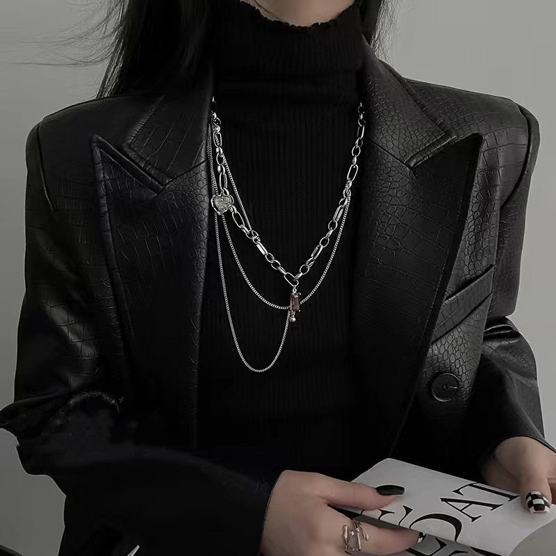 爱心锆石多层叠戴卫衣项链女嘻哈小众设计时尚锁骨链个性轻奢配饰