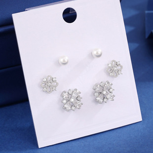 2024新款轻奢超闪锆石珍珠一卡三对耳钉女简约设计百搭耳饰套装