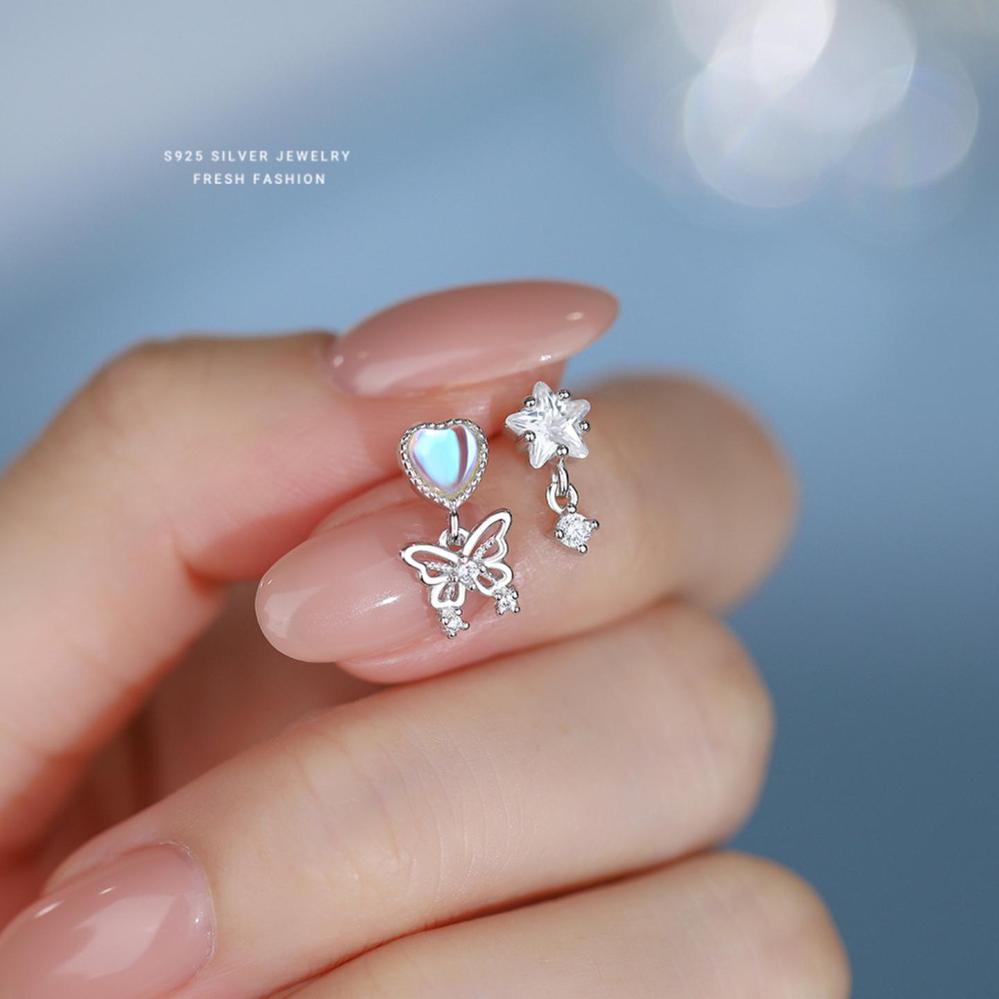 S925纯银幻彩爱心蝴蝶流苏耳钉女