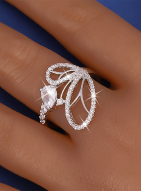 2024新款微镶满钻超闪蝴蝶翅膀开口戒指女轻奢高级感百搭指环戒圈