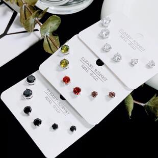 轻奢简约闪钻锆石一卡三对耳钉 s925银针个性甜酷时尚多对装耳环