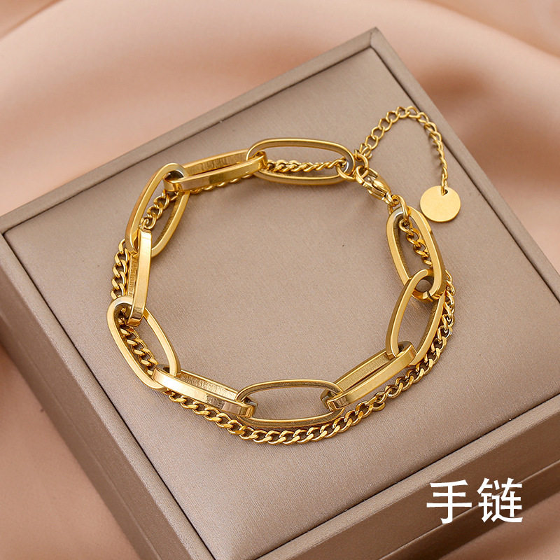 钛钢材质复古时尚金色长链吊坠双层粗手链女潮牌配饰品