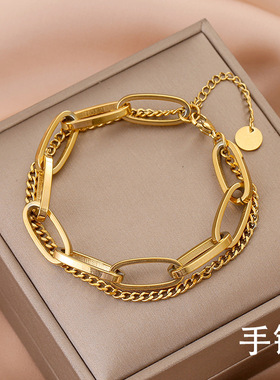 钛钢材质复古时尚金色长链吊坠双层粗手链女潮牌配饰品