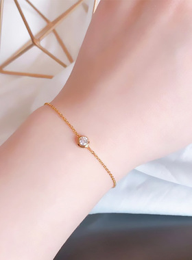 钛钢18k金色一颗钻手链不掉色时尚简约镶单钻可调节手环洗澡可戴