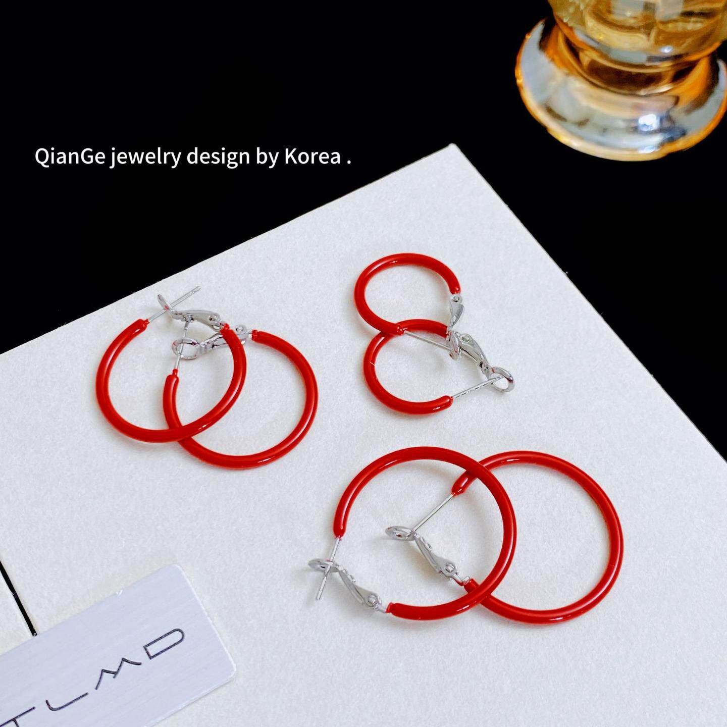 超新 早秋新款红色滴釉圈圈耳环女 港风复古简约耳饰小众百搭耳圈