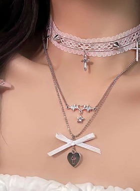 甜美蕾丝爱心五角星情趣吊坠项链女多层叠戴甜酷辣妹高级感锁骨链