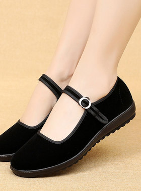 黑色布鞋女老太太防滑软底工作小北京久站老年春秋不累平底奶奶鞋