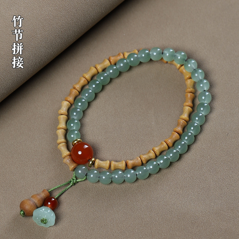 檀香木拼东陵玉双圈竹节手串女diy跑环吊坠手链佛珠文玩情侣饰品