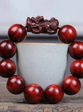 高密紫檀木20手串雕刻貔貅男士文玩手链镶嵌铜片红木佛珠