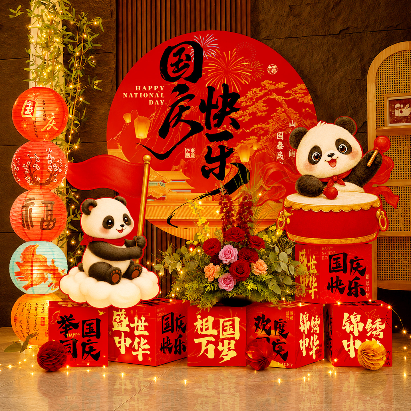 中秋国庆节装饰氛围场景布置灯笼立柱摆件商场景区拍照道具kt展板图片