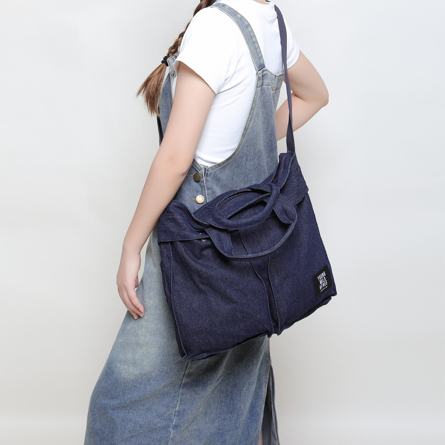 韩系水洗做旧帆布包秋冬暗蓝邮差包男女款大容量单肩斜挎包上课包