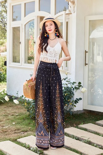 高腰民族风沙滩裤长裤春夏薄柔软