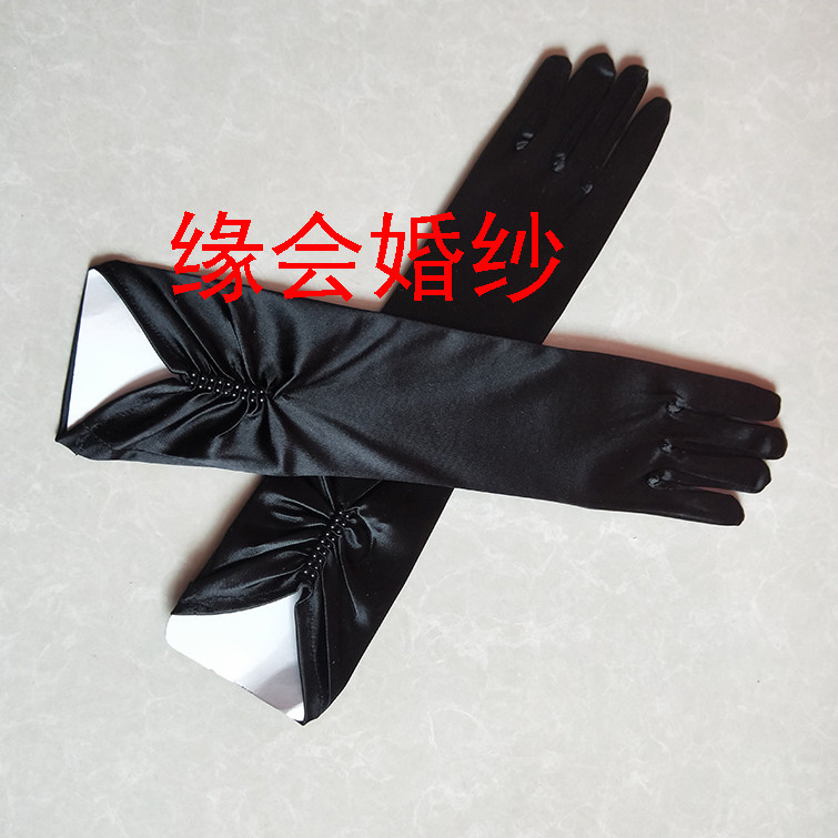 신부 웨딩 드레스 중간 길이 새틴 페르시 더블 보우 접시 레드 화이트와 블랙 장갑 성능 웨딩 장갑