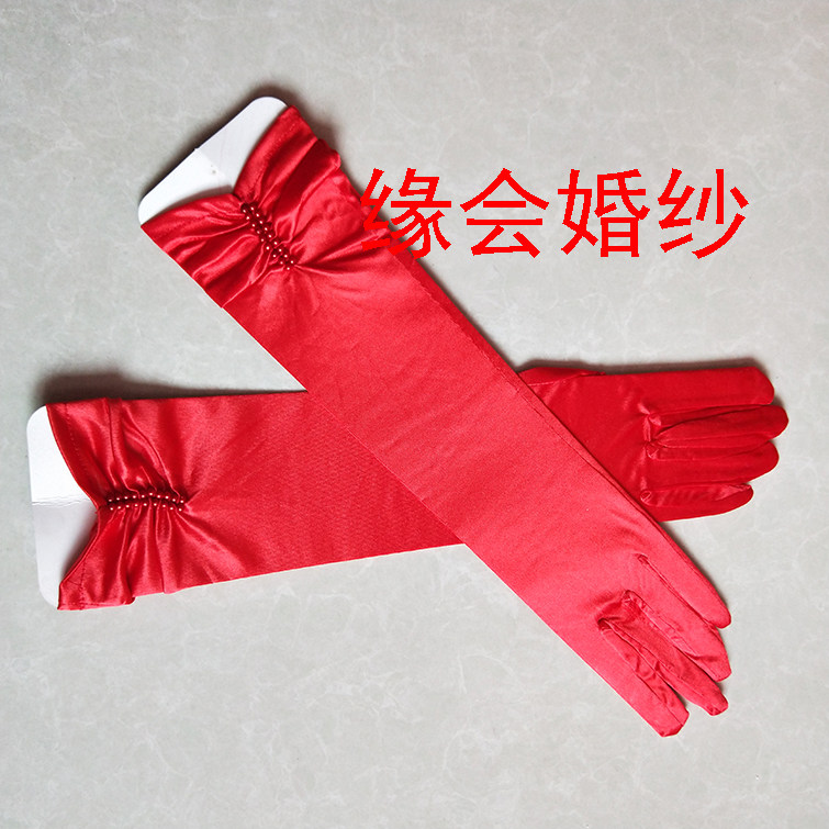 신부 웨딩 드레스 중간 길이 새틴 페르시 더블 보우 접시 레드 화이트와 블랙 장갑 성능 웨딩 장갑