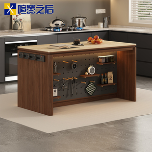 中古风岩板岛台柜单独实木中岛台餐吧桌一体开放式厨房吧台桌9E87
