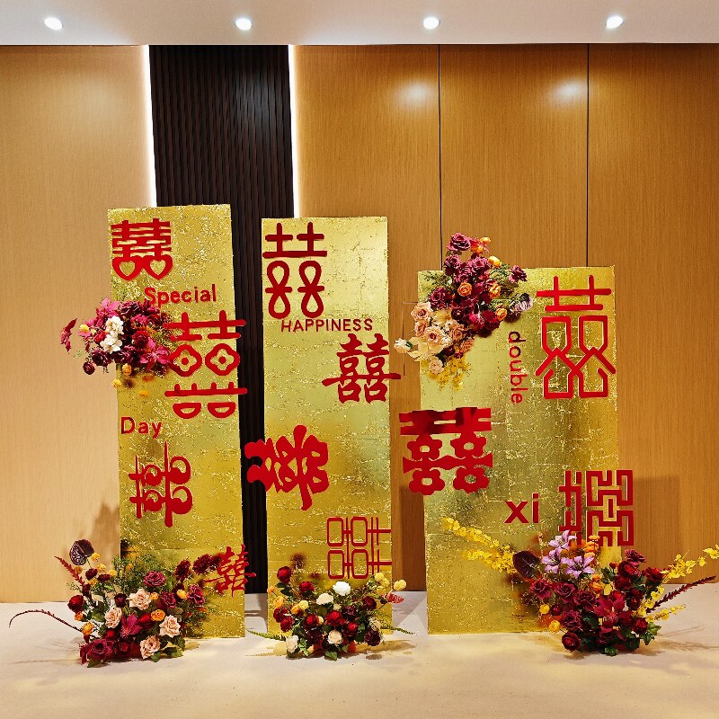 金箔丝绒屏风黑金色订婚