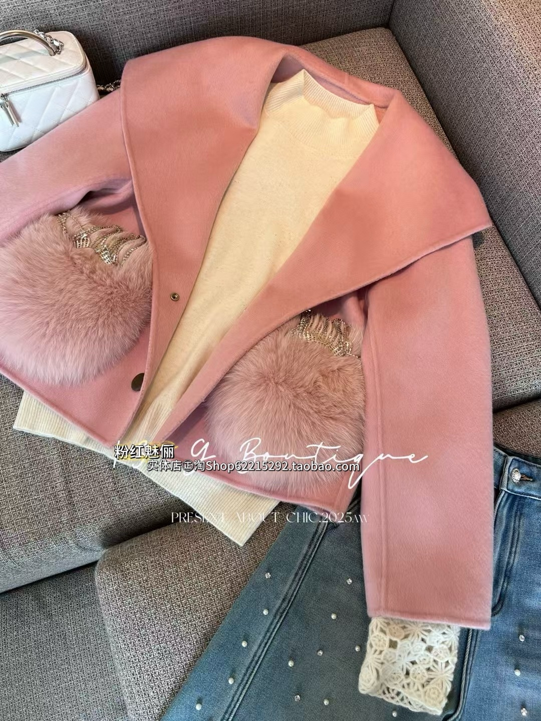 欧洲站12月6日实体店㊣2025冬欧货狐狸毛口袋钻流苏双面羊绒外套,女装/女士精品,毛呢外套,淘宝优惠券,粉丝福利购,淘宝优惠卷