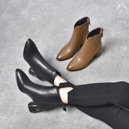 新款1022秋冬季尖头高跟短靴女粗跟真皮女鞋春秋皮鞋中跟马丁靴