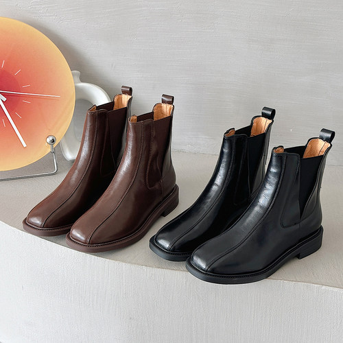 粗跟真皮百搭软底切尔西靴