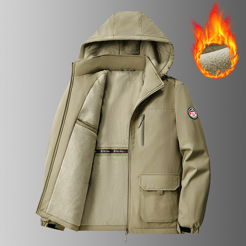 秋冬季加绒外套男款运动休闲冲锋衣防风工装加厚男装宽松大码夹克