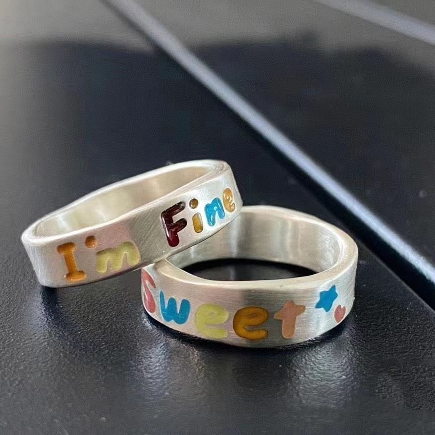 彩色拉丝糖果色字母ins戒指对戒