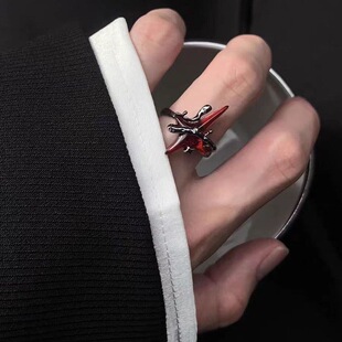 暗黑系红色芒星开口戒指可调节小众缠绕百搭设计感朋克指环潮男女