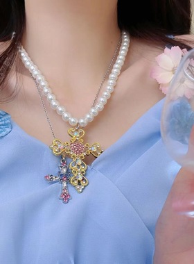 辣妹彩钻夸张y2k珍珠十字架项链