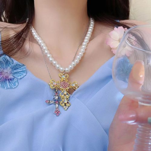 辣妹彩钻夸张y2k珍珠十字架项链