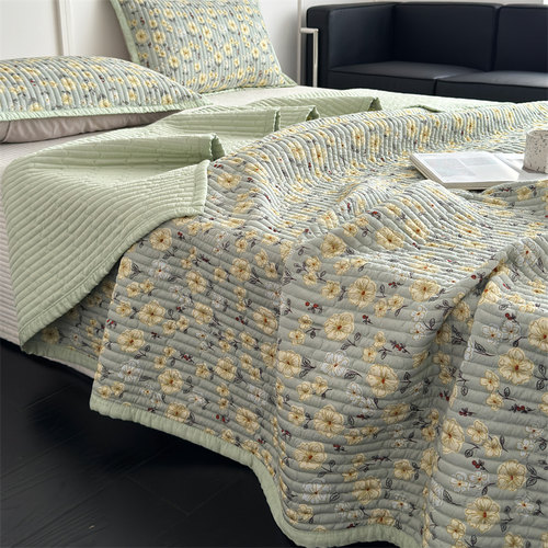 多功能双面纯棉砂洗床盖三件套绗缝夹棉床单全棉榻榻米铺盖不皱