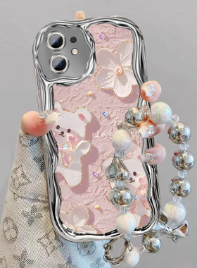 适用苹果12手机保护壳iPhone12Promax保护套全包防摔ipone十二mini外壳pm女电镀奶油纹新款油画小熊平果12por