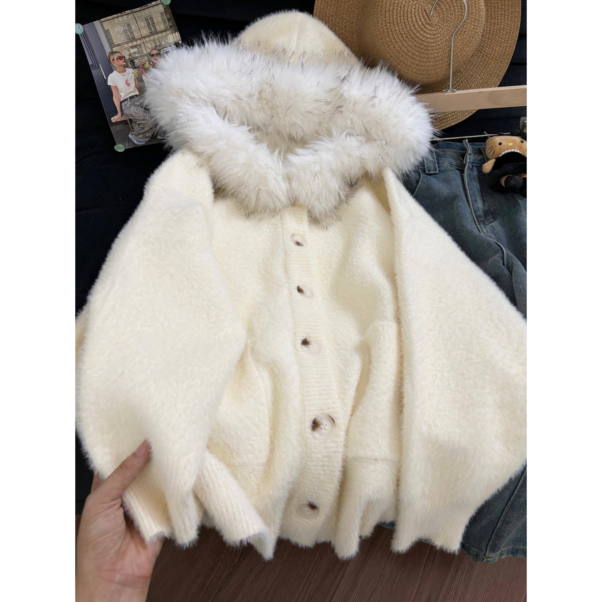 韩系白色狐狸大毛领水貂绒毛衣外套女冬季宽松慵懒风针织开衫上衣