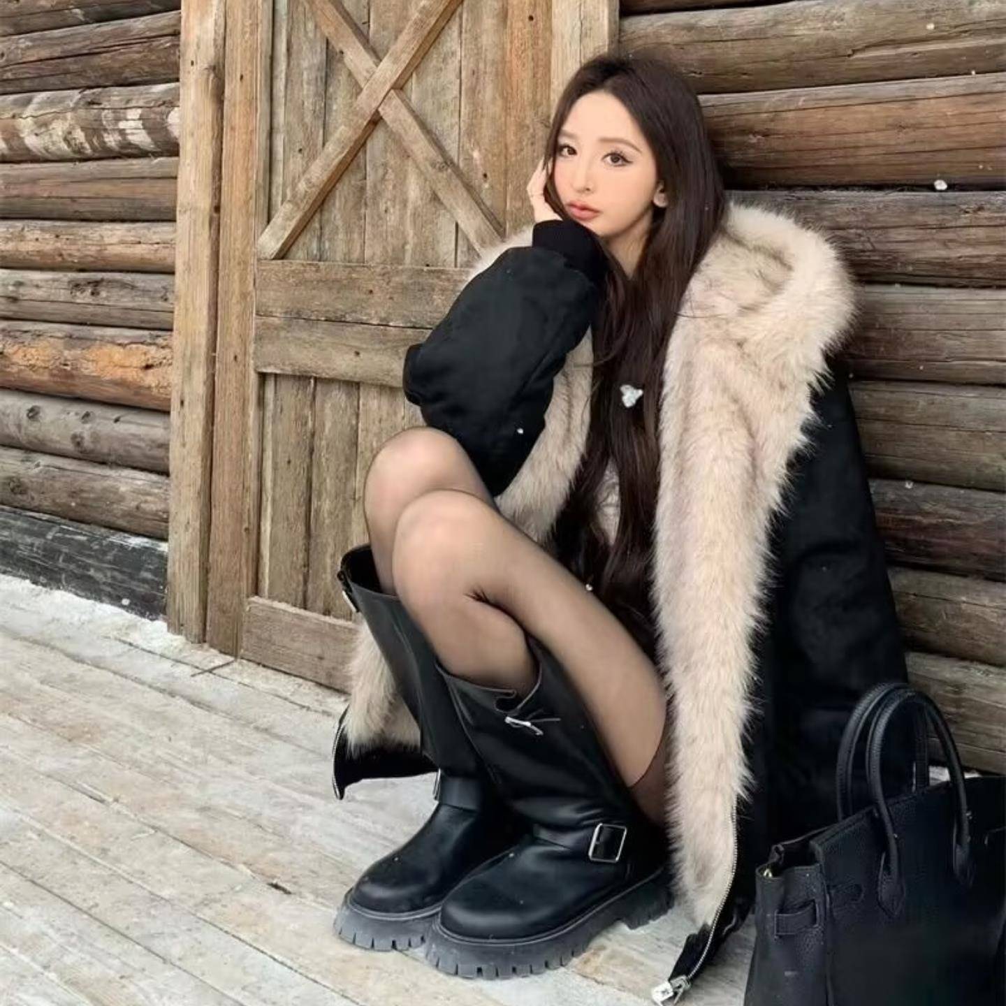 派克服皮草外套女2025冬季高级感座山雕仿狐狸毛两面穿毛毛绒大衣