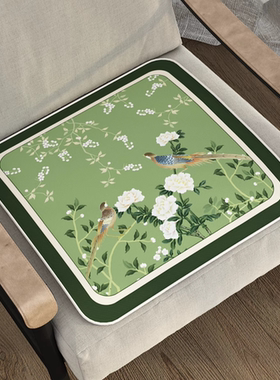 坐垫绿色花鸟冰丝复古美式四季通用防滑防猫抓全盖布椅垫万能垫子