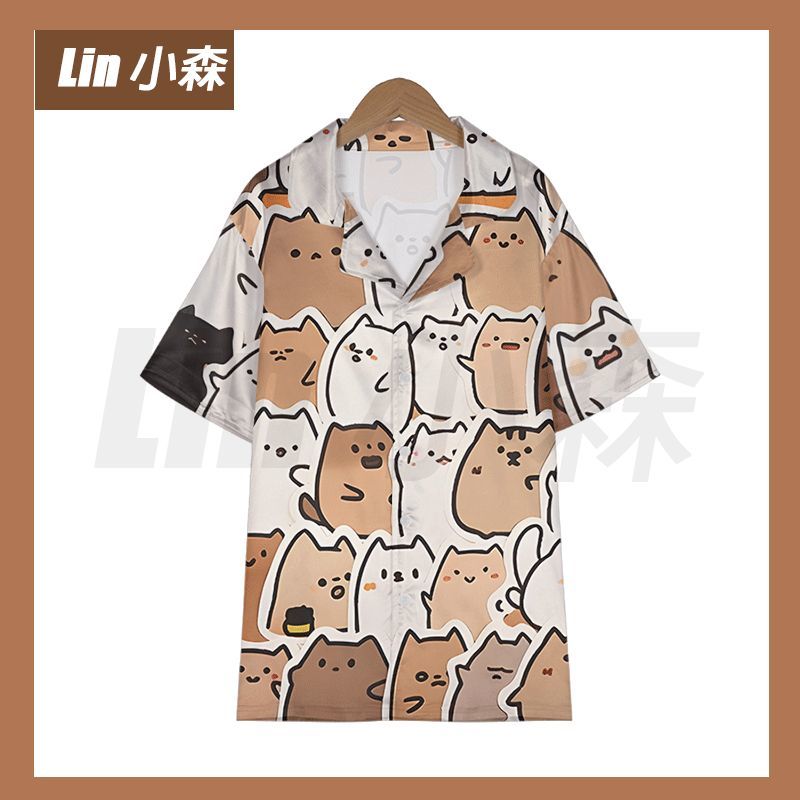 猫咪图案短袖睡衣开衫卡