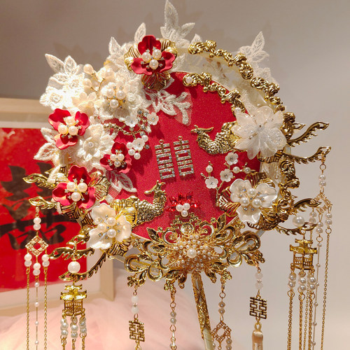 新娘结婚秀禾喜扇yh原创手作双面双色中式婚礼团扇手工diy材料包