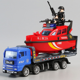 消防船滑行玩具车儿童仿真平板拖车运输车男孩海上警卫船模型快艇
