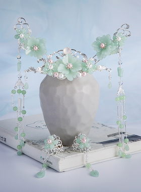 楚月宫原创古风汉服发饰套装古典绿色发簪发冠后压流苏唐宋风头饰