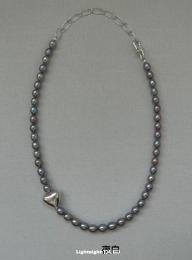 Lightnight夜白 原创灰紫色淡水珍珠设计感颈链锁骨链毛衣链