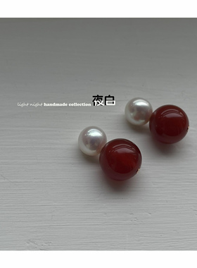 双株原创复古秋冬天然红玛瑙珍珠新年红色耳环耳钉蚊香盘耳夹