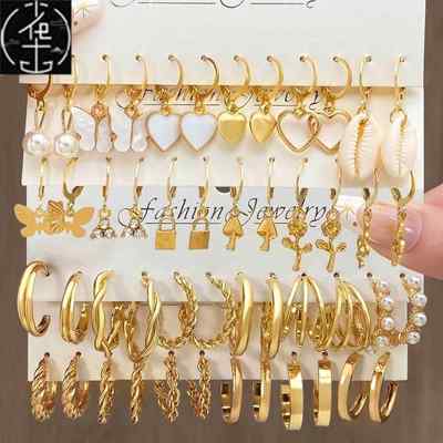 Women Trendy Jewerly Gold Pearl Hoop Earrings Set