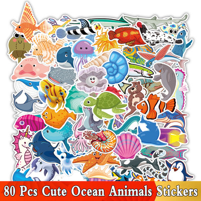 80 Pcs Cute Sea Animals Ocean World Plants Stickers Cute Fis