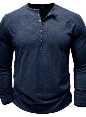 2024秋冬跨境男装 男士长袖t恤T-shirt户外欧美男式亨利衫竹节棉