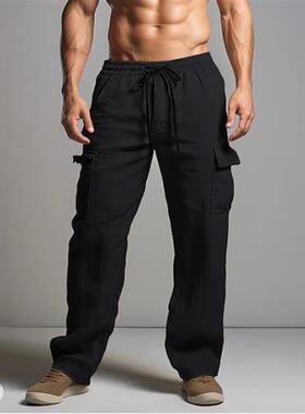 跨境欧美2024新款棉麻长裤pants抽绳松紧腰直腿纯色透气日常休闲