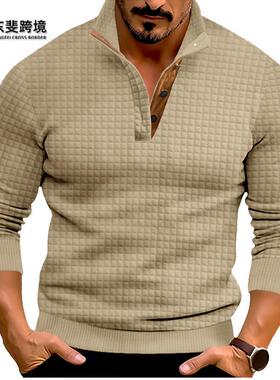 2025跨境春秋装欧码百搭潮男士休闲立领长袖小方格针织卫衣