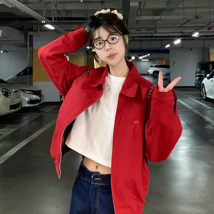 红色哈灵顿外套女春季2025新款美式复古基础通勤男女款百搭夹克潮