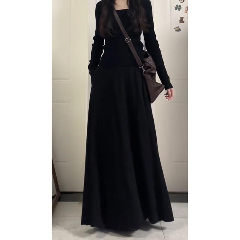 黑色半身裙女冬季高级感长裙到脚踝大码a字百褶胖mm遮肚藏肉裙子
