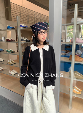 CZ ZHANG秋冬兔绒假两件羊毛针织开衫女撞色拼接衬衫领毛衣B45262