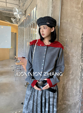 CZ ZHANG秋冬翻领亲肤羊毛针织衫女撞色拼接堆堆领毛衣外套B35888