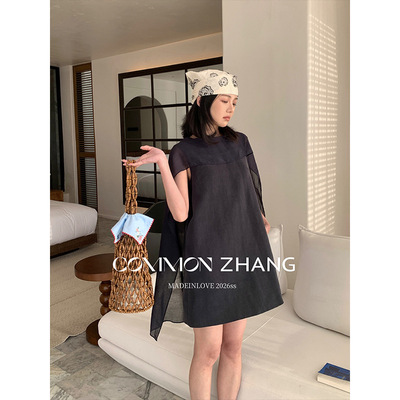 CZ ZHANG夏小个子网纱拼接飘带天丝连衣裙甜美A字仙女短裙C16852