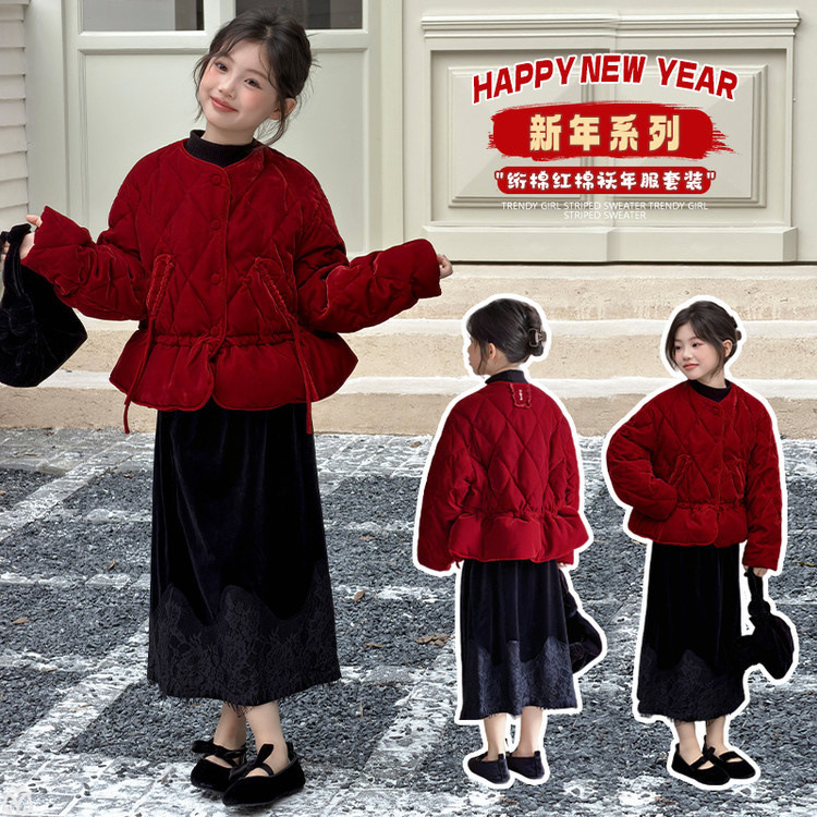 女童年服红色加棉加厚棉服2025新款大童棉衣女孩新年拜年棉袄外套